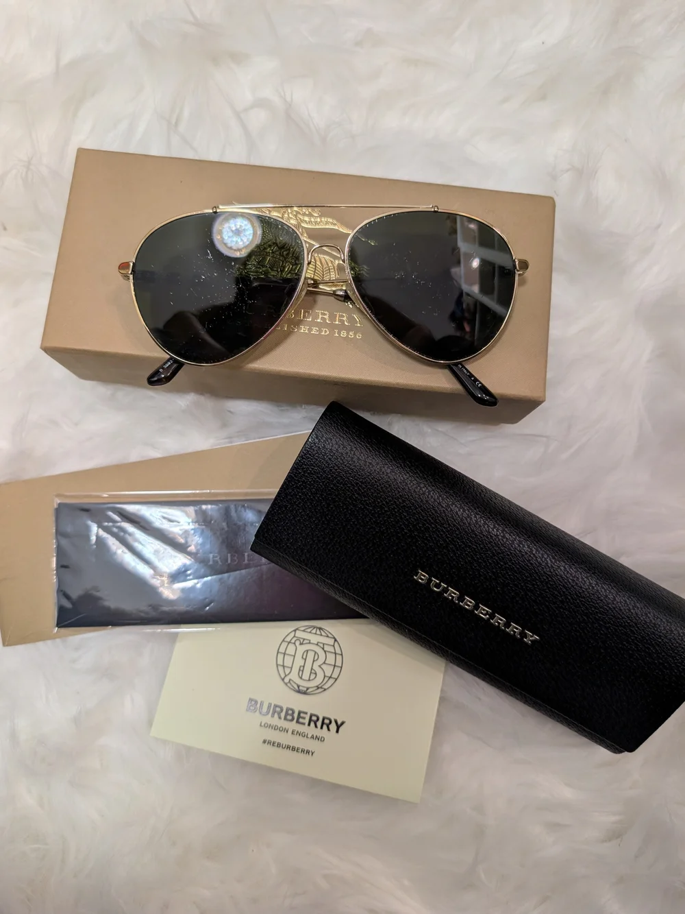 Burberry Gold Frame Black Lens Aviator Sunglasses with Black Case